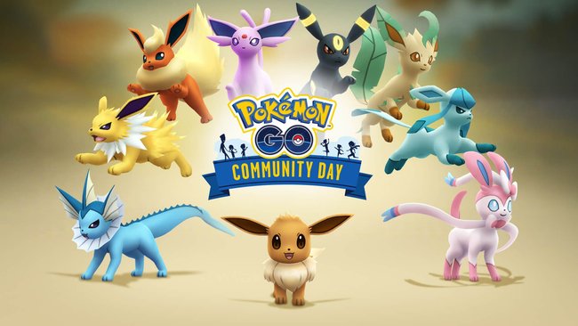 Offizielles Werbebild zum Pokémon GO Community Day mit dem Pokémon Evoli in der Mitte und seinen acht Entwicklungen in einem Halbkreis darum herum: Blitza (Elektro), Flamara (Feuer), Psiana (Psycho), Nachtara (Unlicht), Folipurba (Pflanze), Glaziola (Eis), Feelinara (Fee) und Aquana (Wasser). In der Bildmitte befindet sich das Pokémon GO Community Day-Logo mit stilisierten Trainerfiguren auf einem blauen Banner. Der Hintergrund ist weich verlaufend in Beige- und Grautönen. Offizielles Werbebild zum Pokémon GO Community Day mit dem Pokémon Evoli in der Mitte und seinen acht Entwicklungen in einem Halbkreis darum herum: Blitza (Elektro), Flamara (Feuer), Psiana (Psycho), Nachtara (Unlicht), Folipurba (Pflanze), Glaziola (Eis), Feelinara (Fee) und Aquana (Wasser). In der Bildmitte befindet sich das Pokémon GO Community Day-Logo mit stilisierten Trainerfiguren auf einem blauen Banner. Der Hintergrund ist weich verlaufend in Beige- und Grautönen.
