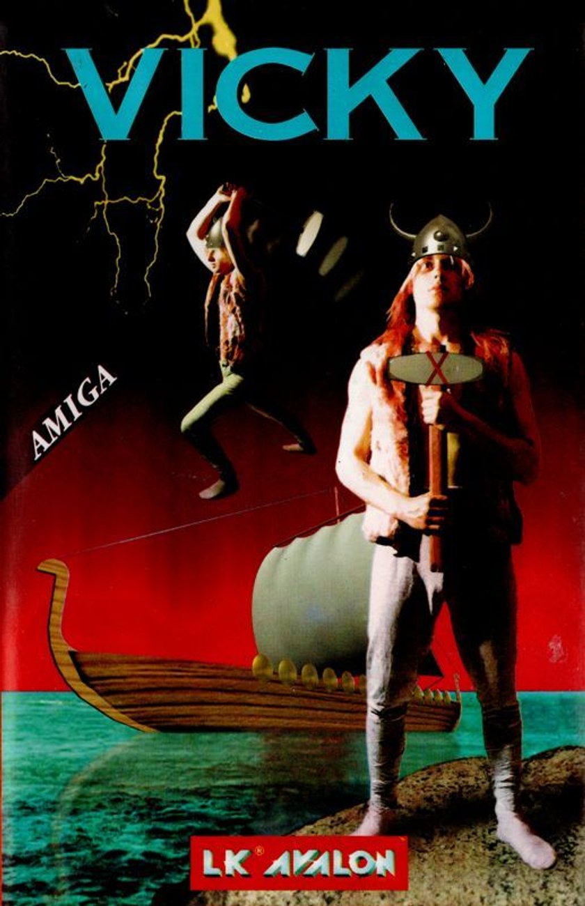 Zwei Wikinger in dramatischen Posen vor einem Boot und einem Sonnenuntergang. Der Hintergrund ist rot und blau getönt. Zwei Wikinger in dramatischen Posen vor einem Boot und einem Sonnenuntergang. Der Hintergrund ist rot und blau getönt.