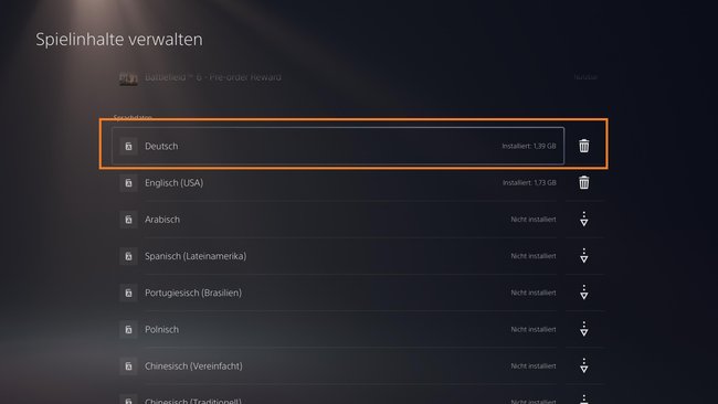 Das Bild zeigt das Menü "Spielinhalte verwalten" von Battlefield 6 auf der PS5. Das Bild zeigt das Menü "Spielinhalte verwalten" von Battlefield 6 auf der PS5.