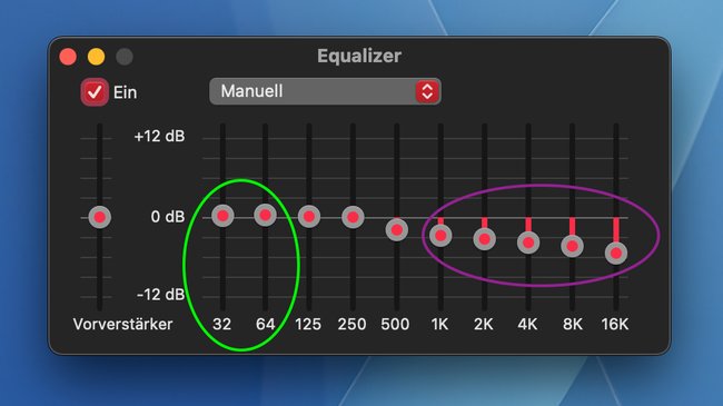 Screenshot des Equalizers (in der Apple Music App für macOS 15.5): Der Bassbereich (grün markiert) bleibt unangetastet. Den Höhenbereich (violett) habe ich abgesenkt. Das führt zu einem wärmeren Klangbild mit Fokus auf Tiefton, ohne dass Bassdrums übersteuern. Screenshot des Equalizers (in der Apple Music App für macOS 15.5): Der Bassbereich (grün markiert) bleibt unangetastet. Den Höhenbereich (violett) habe ich abgesenkt. Das führt zu einem wärmeren Klangbild mit Fokus auf Tiefton, ohne dass Bassdrums übersteuern.