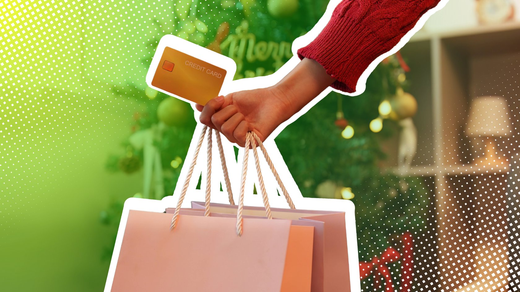 Hand mit Tasche, Kreditkarte vor Weihnachtsbaum Hand mit Tasche, Kreditkarte vor Weihnachtsbaum