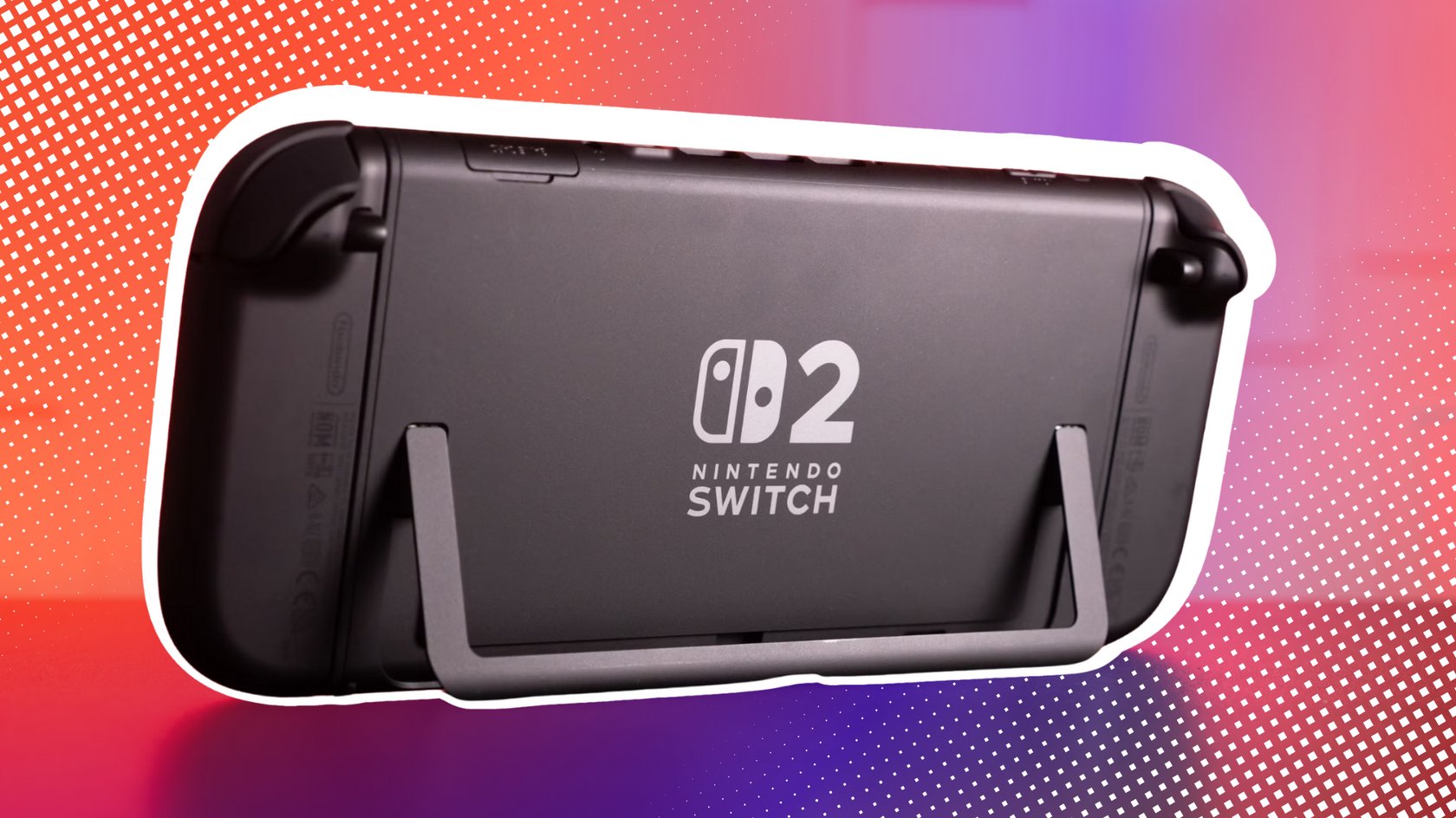 Rückseite der Nintendo Switch 2 mit dem Aufsteller im Handheld-Modus aufgestellt. Rückseite der Nintendo Switch 2 mit dem Aufsteller im Handheld-Modus aufgestellt.