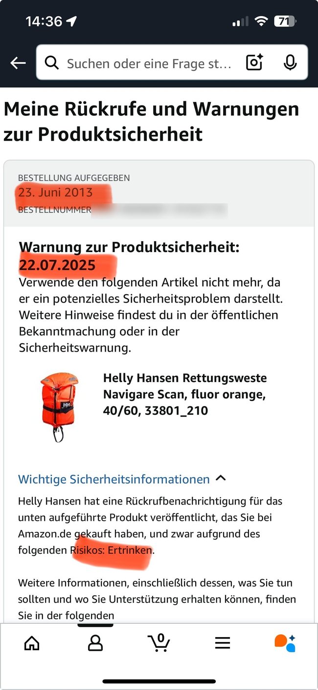 Eine Produktwarnung von Amzon. Eine Produktwarnung von Amzon.