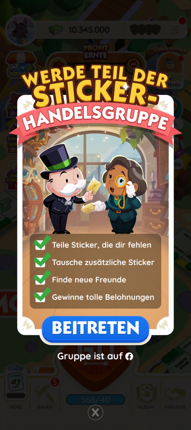 Eine Sticker-Handelsgruppe für Monopoly GO. Eine Sticker-Handelsgruppe für Monopoly GO.
