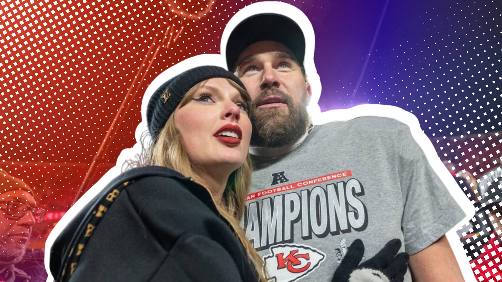 Travis Kelce und Taylor Swift umarmen sich nach einem Football-Spiel. Travis Kelce und Taylor Swift umarmen sich nach einem Football-Spiel.