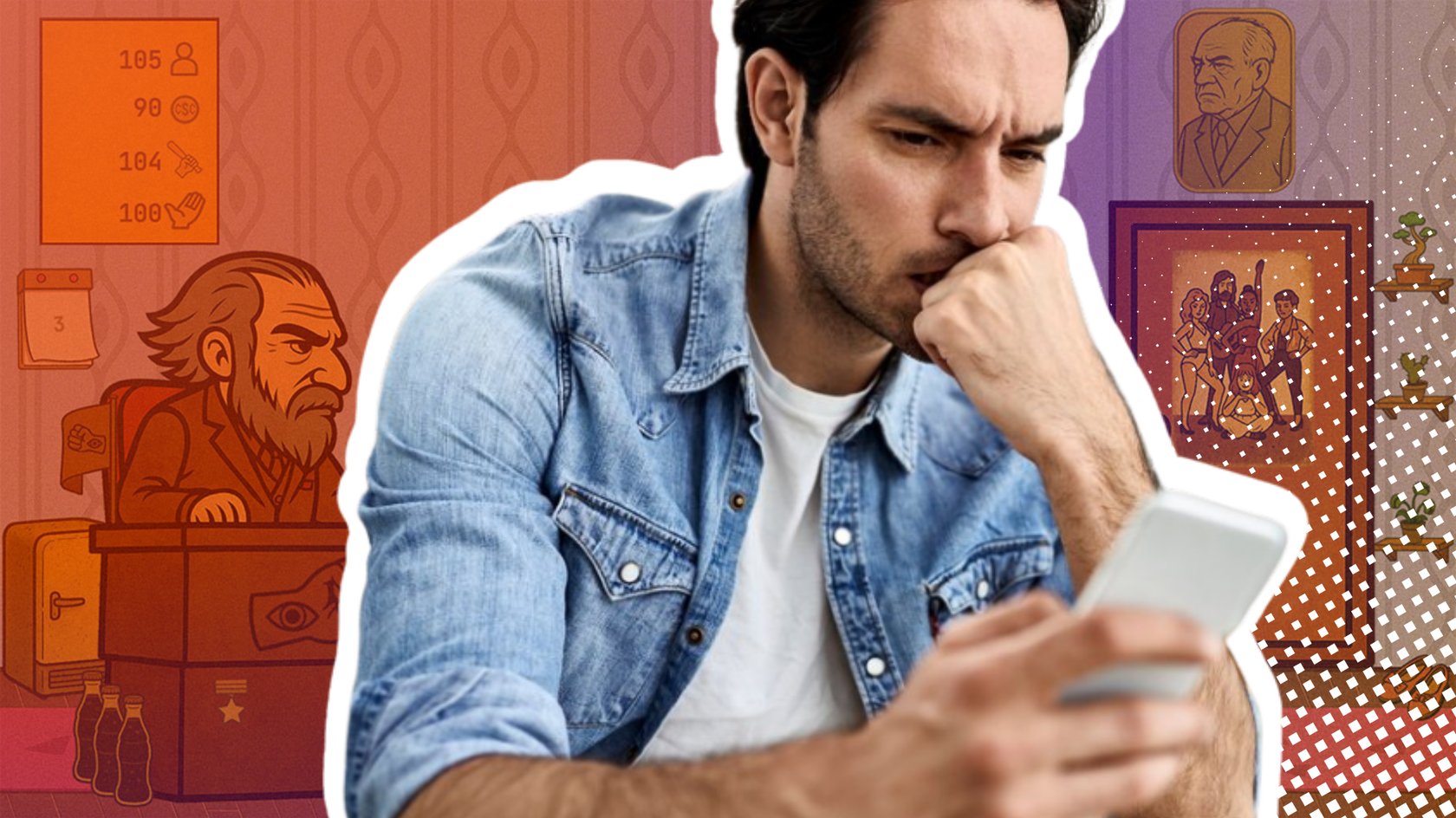 Mann schaut nachdenklich auf sein Handy mit einem Ausschnitt aus dem Online-Spiel "Dictator Simulator: 1984" im Hintergrund. Mann schaut nachdenklich auf sein Handy mit einem Ausschnitt aus dem Online-Spiel "Dictator Simulator: 1984" im Hintergrund.