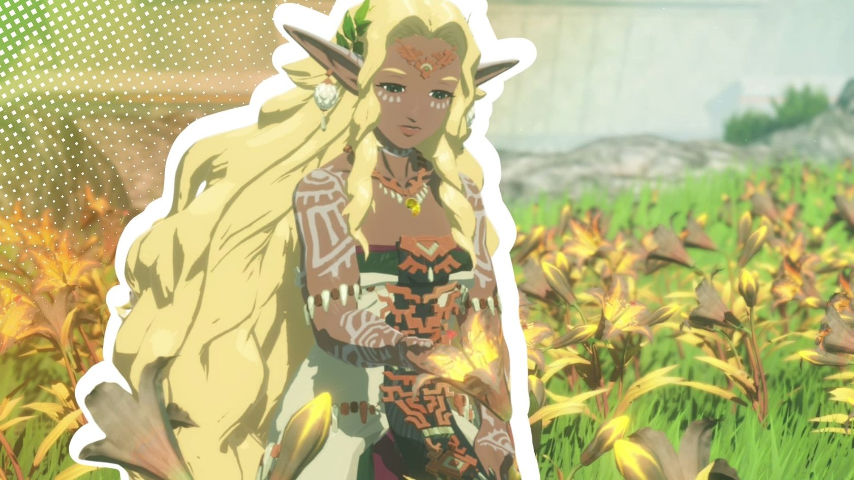 Sonia aus Hyrule Warriors: Chronik der Versiegelung in einem grün-gelben Blumenfeld. Sonia aus Hyrule Warriors: Chronik der Versiegelung in einem grün-gelben Blumenfeld.