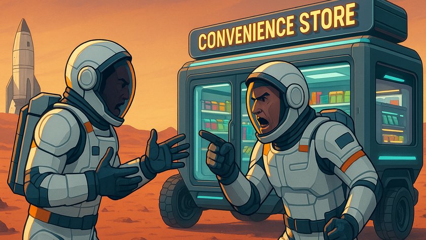 KI-generiertes Bild von zwei Astronauten, die vor einem mobilen Supermarkt stehen und sich streiten. KI-generiertes Bild von zwei Astronauten, die vor einem mobilen Supermarkt stehen und sich streiten.