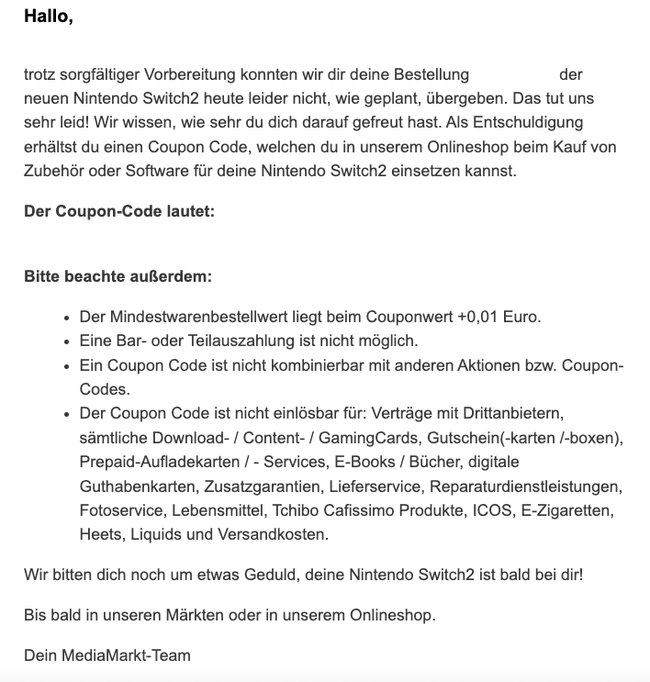 MediaMarkt Switch 2 Entschädigung Coupon MediaMarkt Switch 2 Entschädigung Coupon
