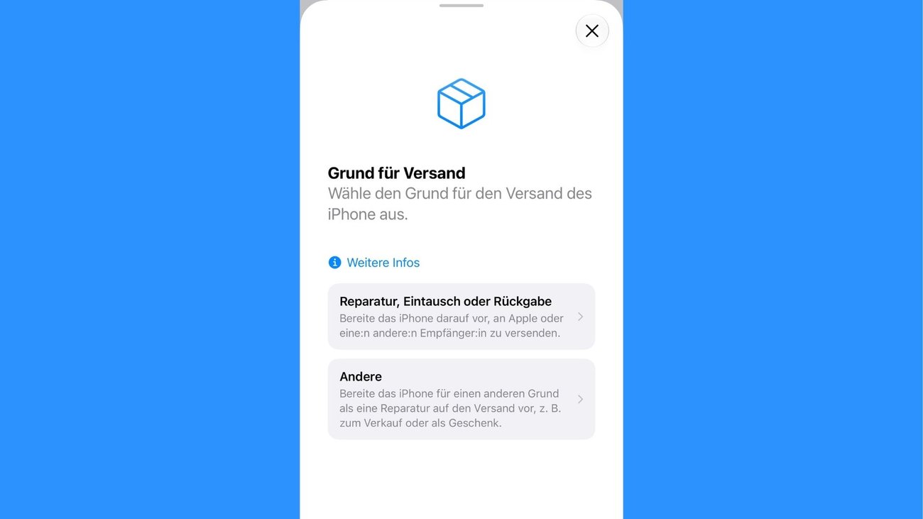 Ein Smartphone-Bildschirm zeigt eine Auswahlmöglichkeit für den Grund des Versands eines iPhones, mit Optionen wie "Reparatur, Eintausch oder Rückgabe" und "Andere".