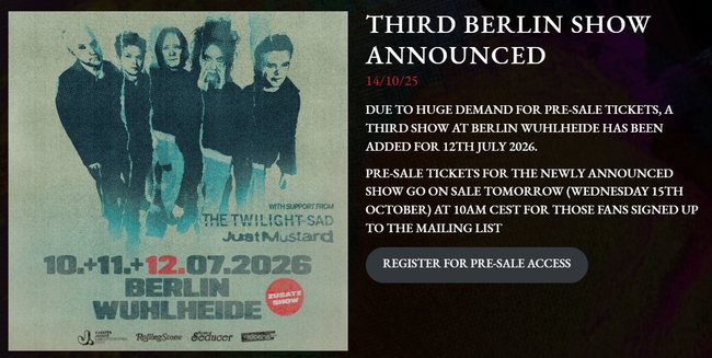 Ankündigung der Band The Cure für ein Zusatzkonzert auf ihrer Homepage. Ankündigung der Band The Cure für ein Zusatzkonzert auf ihrer Homepage.