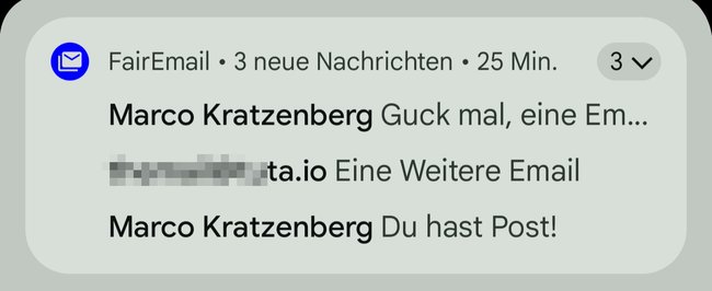 Screenshot einer Benachrichtigung von FairEmail mit drei neuen Nachrichten. Screenshot einer Benachrichtigung von FairEmail mit drei neuen Nachrichten.