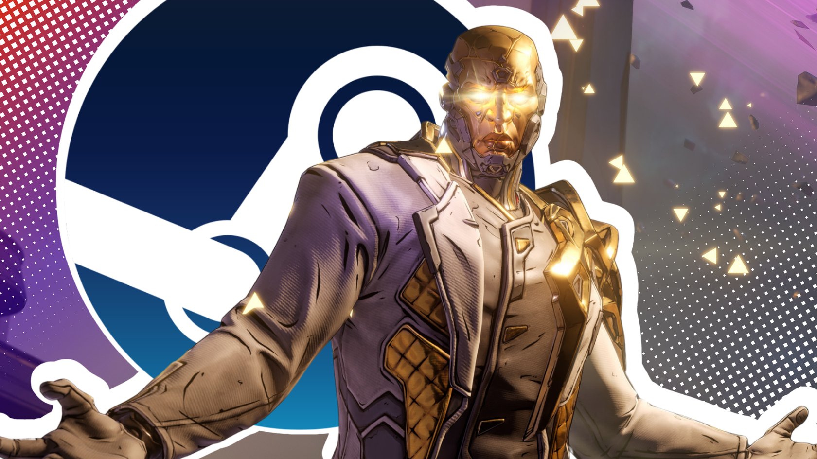 Charakter aus Borderlands 4 mit ausgebreiteten Händen vor dem Steam-Logo. Charakter aus Borderlands 4 mit ausgebreiteten Händen vor dem Steam-Logo.