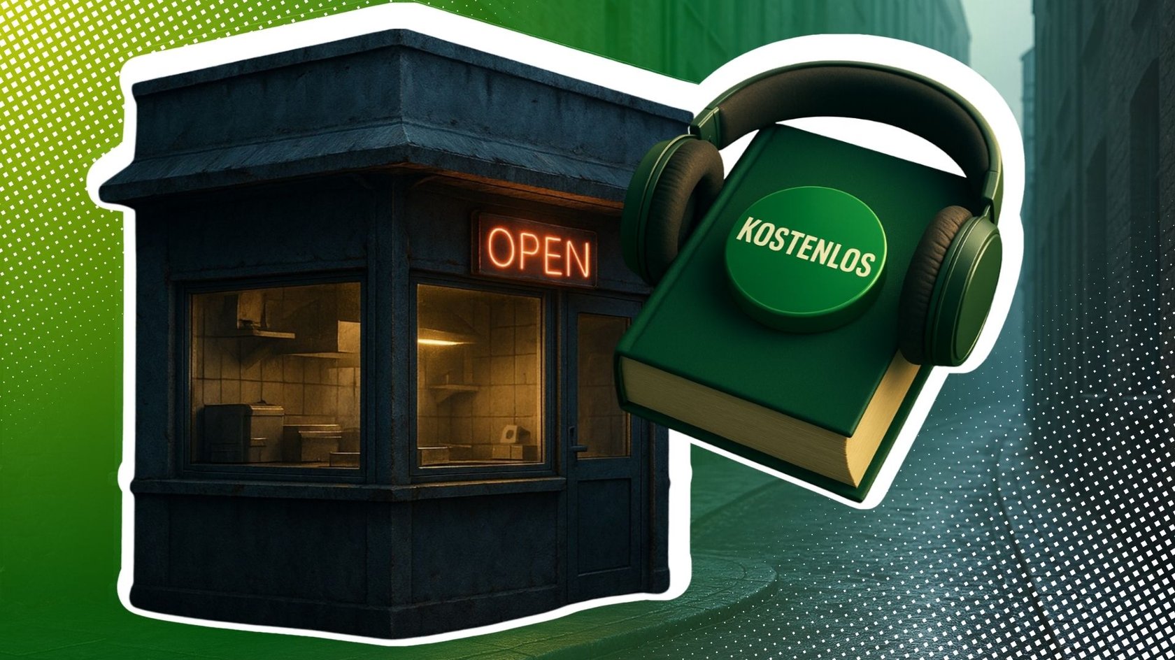 Imbissbude in einer dunklen Stadt und ein Buch mit Kopfhörern, auf dem kostenlos steht. Imbissbude in einer dunklen Stadt und ein Buch mit Kopfhörern, auf dem kostenlos steht.