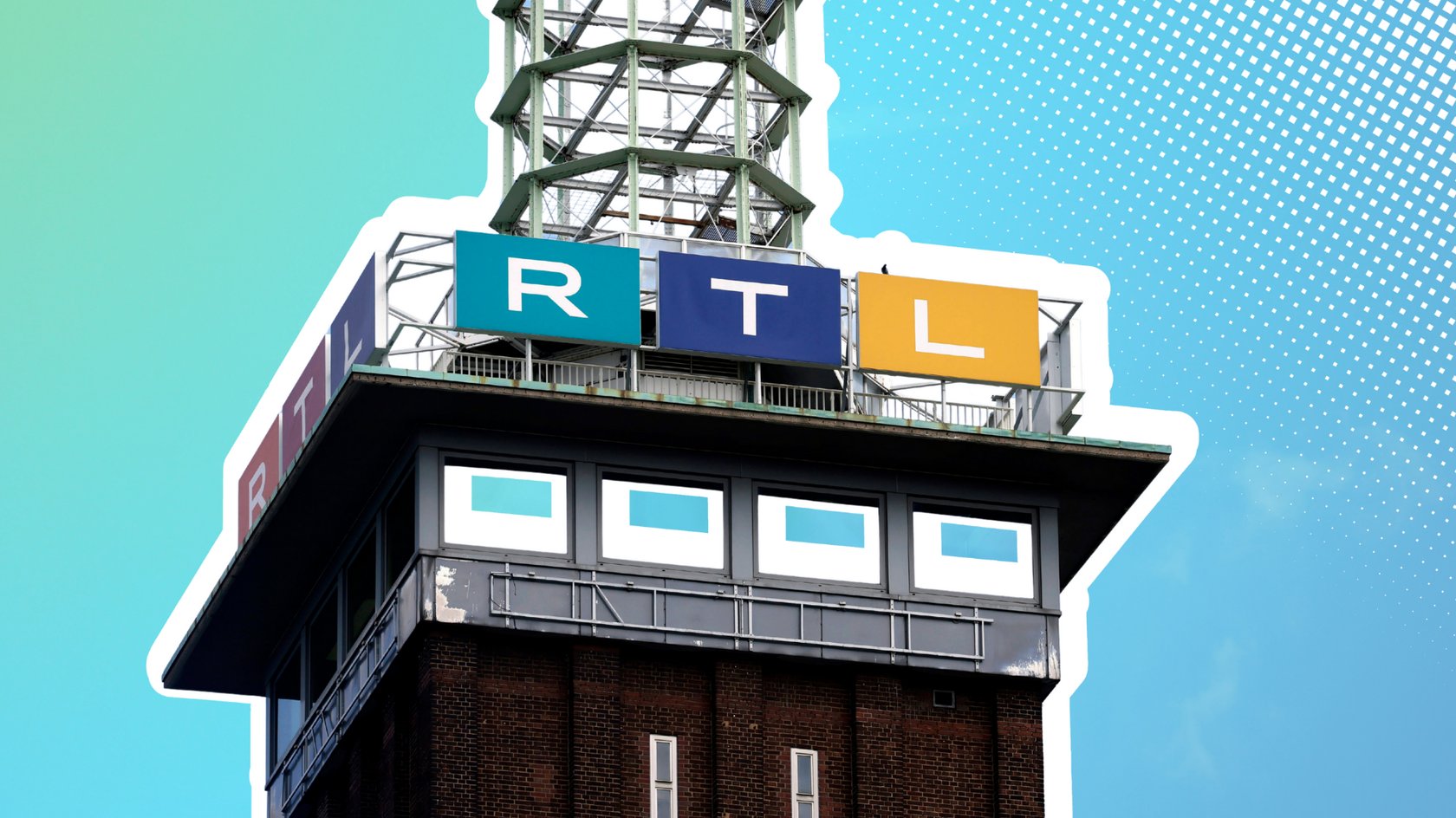 Das Bild zeigt den oberen Teil des Messeturms in Köln-Deutz mit dem RTL-Logo. Das Logo besteht aus drei großen, farbigen Buchstaben: einem türkisfarbenen "R", einem blauen "T" und einem gelben "L". Das Gebäude selbst hat eine markante, eckige Architektur mit Fenstern und einer Stahlkonstruktion. Der Hintergrund ist ein klarer, blauer Himmel. Das Bild zeigt den oberen Teil des Messeturms in Köln-Deutz mit dem RTL-Logo. Das Logo besteht aus drei großen, farbigen Buchstaben: einem türkisfarbenen "R", einem blauen "T" und einem gelben "L". Das Gebäude selbst hat eine markante, eckige Architektur mit Fenstern und einer Stahlkonstruktion. Der Hintergrund ist ein klarer, blauer Himmel.