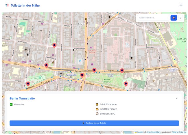 Screenshot der interaktiven Toiletten-Suchkarte auf der Webseite toilette-in-der-naehe.de Screenshot der interaktiven Toiletten-Suchkarte auf der Webseite toilette-in-der-naehe.de