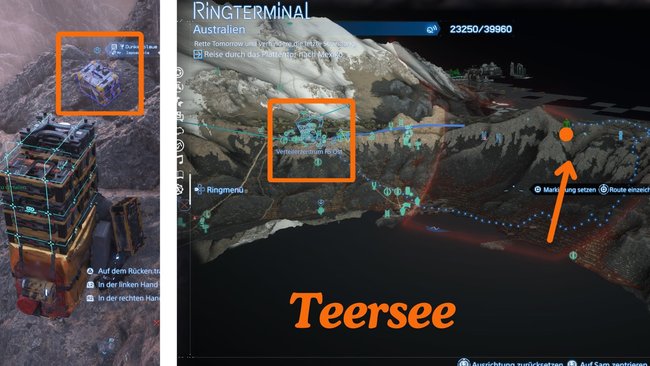 Links die Fracht für Mr Impossible am Teersee und rechts der Fundort der Fracht eingezeichnet auf der Karte von Death Stranding 2 Links die Fracht für Mr Impossible am Teersee und rechts der Fundort der Fracht eingezeichnet auf der Karte von Death Stranding 2