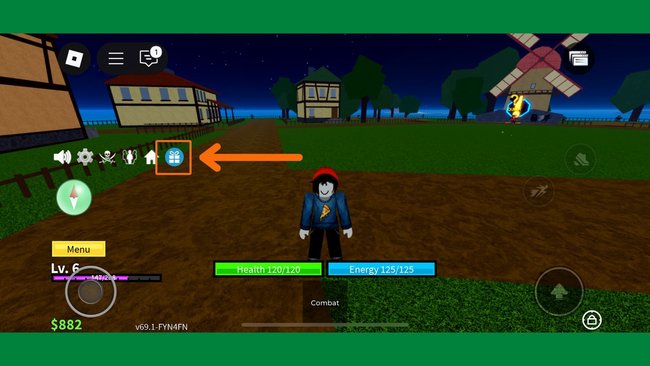 Startbildschirm in Roblox – Blox Fruits und eine Markierung, wo Codes eingegeben werden können. Startbildschirm in Roblox – Blox Fruits und eine Markierung, wo Codes eingegeben werden können.