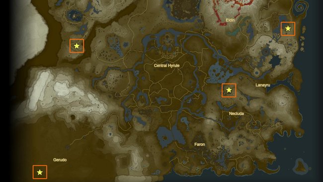 Karte aus dem Videospiel "The Legend of Zelda: Breath of the Wild", die die Region Hyrule zeigt. Die Karte ist in Brauntönen gehalten und zeigt verschiedene geografische Gebiete wie "Central Hyrule", "Gerudo", "Eldin", "Lanayru", "Necluda" und "Faron". Vier gelbe Sterne, jeweils von einem orangefarbenen Rahmen umgeben, markieren bestimmte Orte in den Regionen Gerudo, Eldin, Lanayru und einer westlich von Central Hyrule. Karte aus dem Videospiel "The Legend of Zelda: Breath of the Wild", die die Region Hyrule zeigt. Die Karte ist in Brauntönen gehalten und zeigt verschiedene geografische Gebiete wie "Central Hyrule", "Gerudo", "Eldin", "Lanayru", "Necluda" und "Faron". Vier gelbe Sterne, jeweils von einem orangefarbenen Rahmen umgeben, markieren bestimmte Orte in den Regionen Gerudo, Eldin, Lanayru und einer westlich von Central Hyrule.