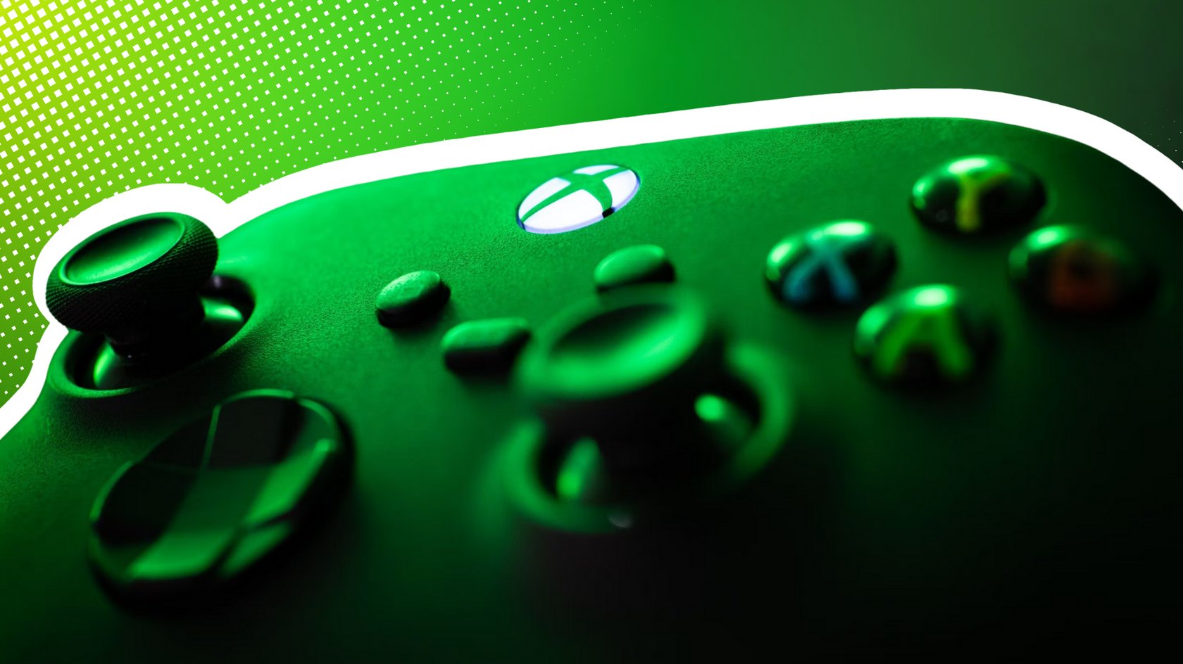 Controller der Xbox Series X in schwarzer Farbe in grünem Licht. Controller der Xbox Series X in schwarzer Farbe in grünem Licht.