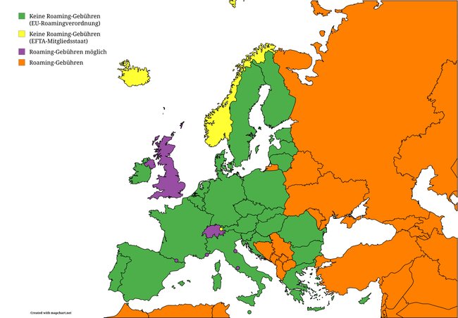 Europa-Karte mit Ländern eingeteilt nach Roaming-Gebühren Europa-Karte mit Ländern eingeteilt nach Roaming-Gebühren