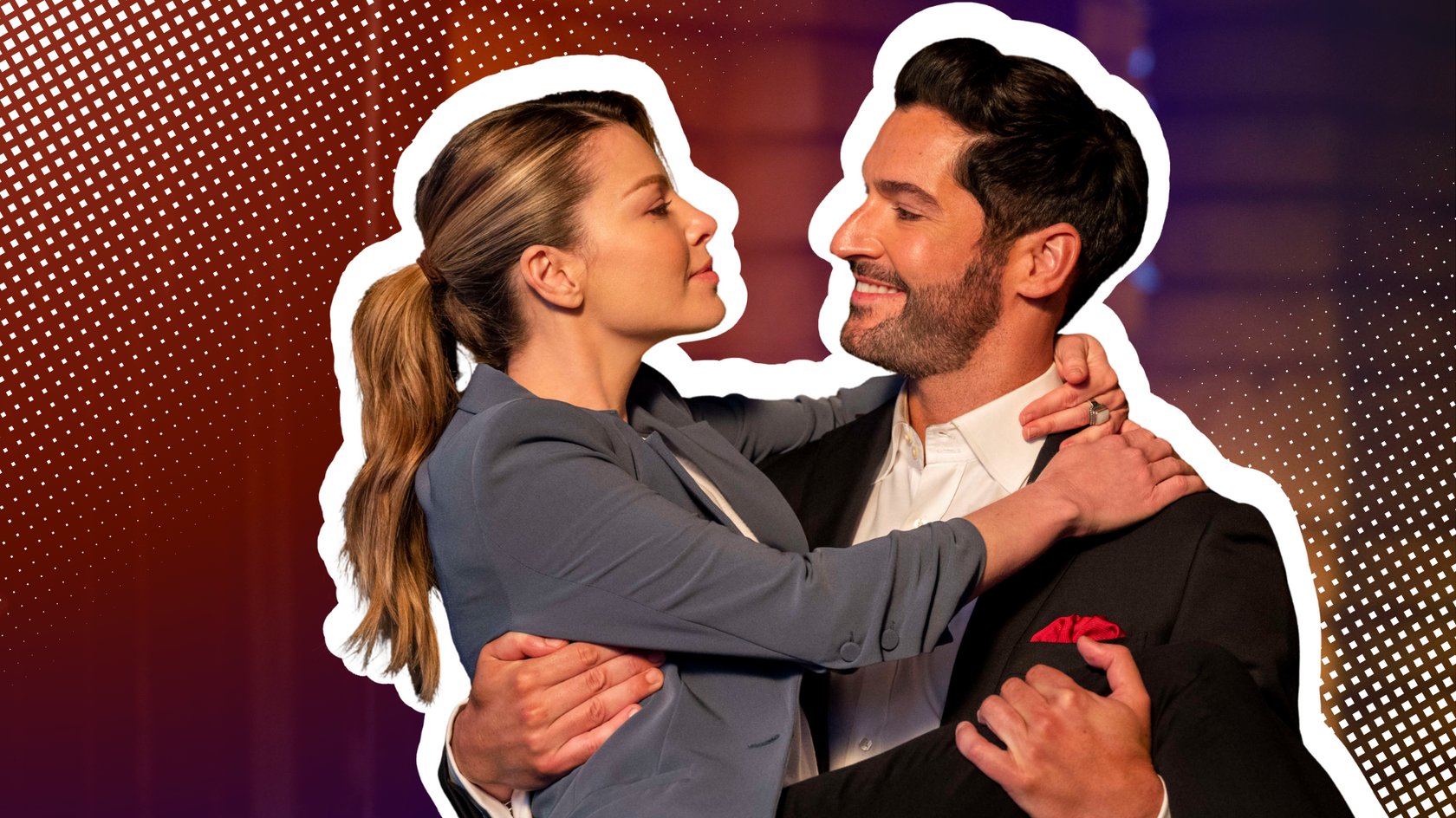 Tom Ellis als Lucifer trägt Lauren German in der Rolle der Chloe Decker in seinen Armen. Tom Ellis als Lucifer trägt Lauren German in der Rolle der Chloe Decker in seinen Armen.