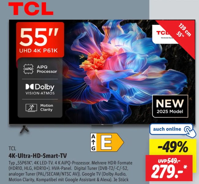 TCL 55P6K 4K-HDR-TV mit 55 Zoll Lidl-Prospekt TCL 55P6K 4K-HDR-TV mit 55 Zoll Lidl-Prospekt