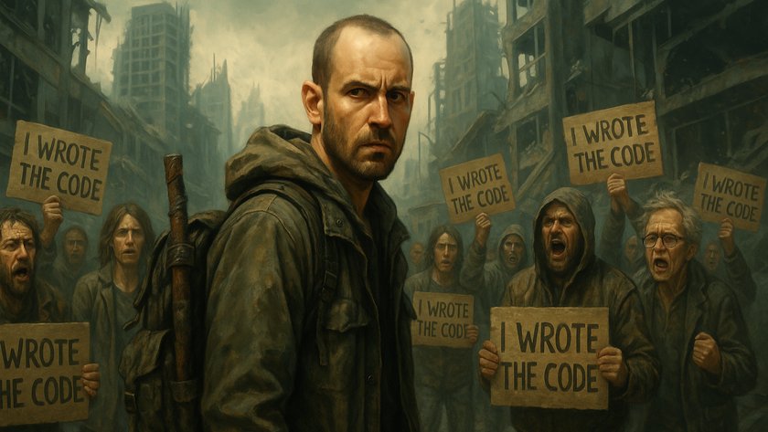 KI-generiertes Bild von einem Mann in der Apokalypse mit Leuden die Schilder hochhalten, auf denen "I wrote the Code" steht. KI-generiertes Bild von einem Mann in der Apokalypse mit Leuden die Schilder hochhalten, auf denen "I wrote the Code" steht.