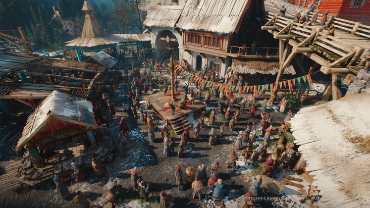 Marktplatz aus The Witcher 4 von oben mit vielen Leuten. Marktplatz aus The Witcher 4 von oben mit vielen Leuten.