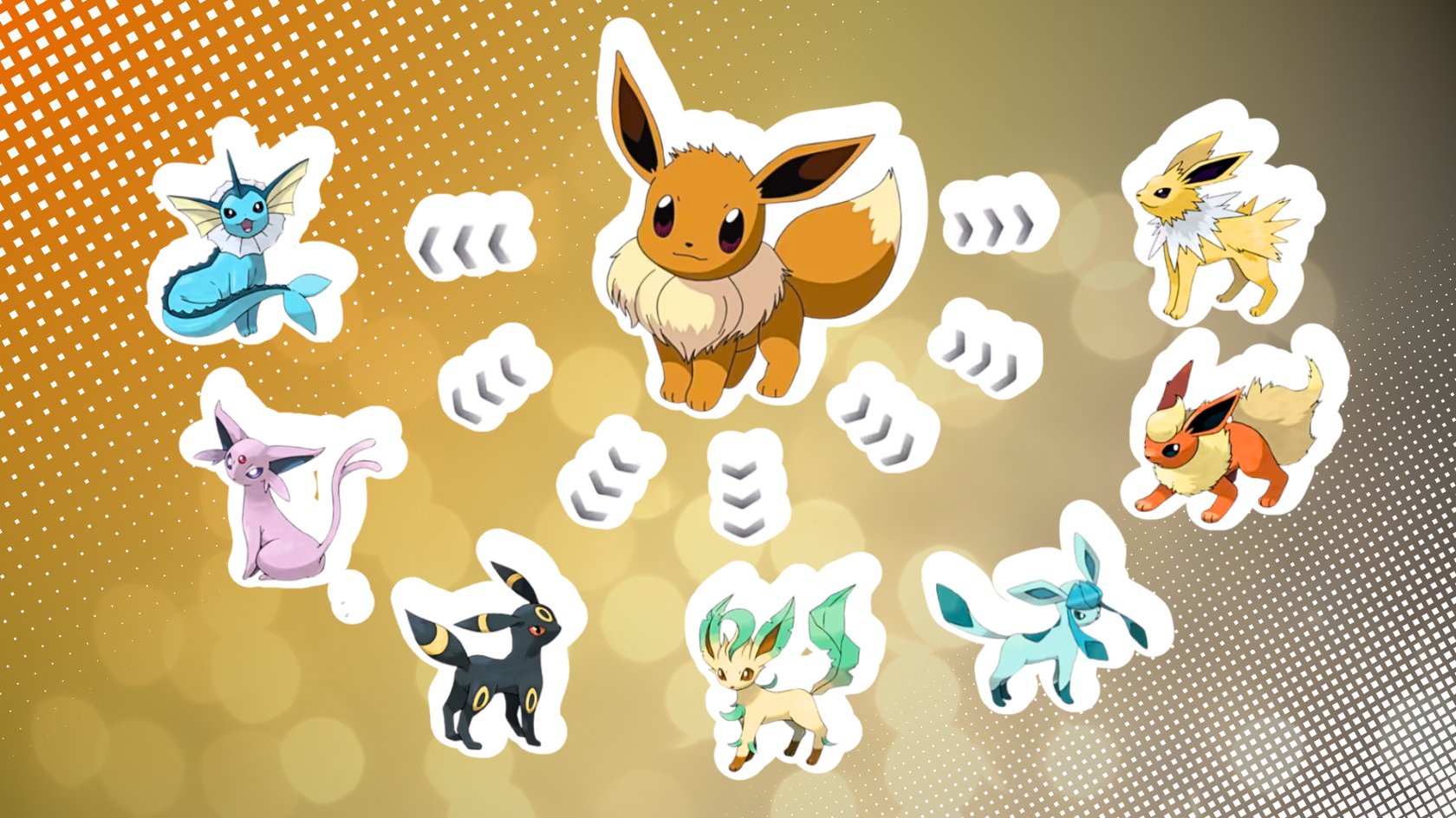 Illustration mit dem Pokémon Evoli (Eevee) in der Mitte, umgeben von seinen acht möglichen Entwicklungen aus dem Spiel Pokémon GO. Von oben im Uhrzeigersinn Illustration mit dem Pokémon Evoli (Eevee) in der Mitte, umgeben von seinen acht möglichen Entwicklungen aus dem Spiel Pokémon GO. Von oben im Uhrzeigersinn
