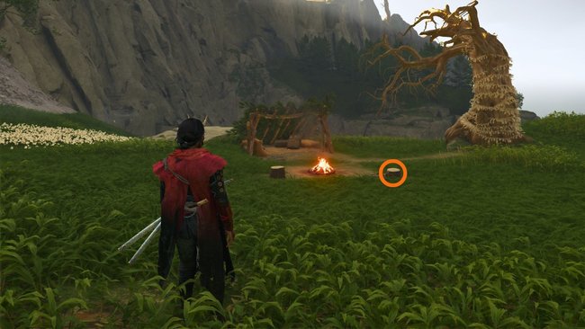 Interagiert mit dem Baumstamm, um auf Takezo zu warten. Interagiert mit dem Baumstamm, um auf Takezo zu warten.