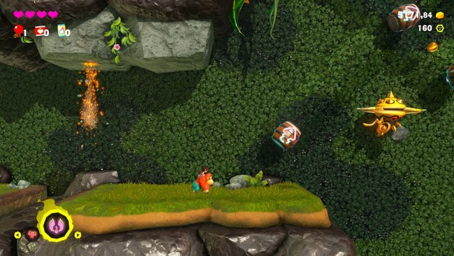Screenshot aus Donkey Kong Bananza mit 2D-Abschnitt, Donkey Kong in der Mitte, vor ihm ein Kanonenfass. Screenshot aus Donkey Kong Bananza mit 2D-Abschnitt, Donkey Kong in der Mitte, vor ihm ein Kanonenfass.