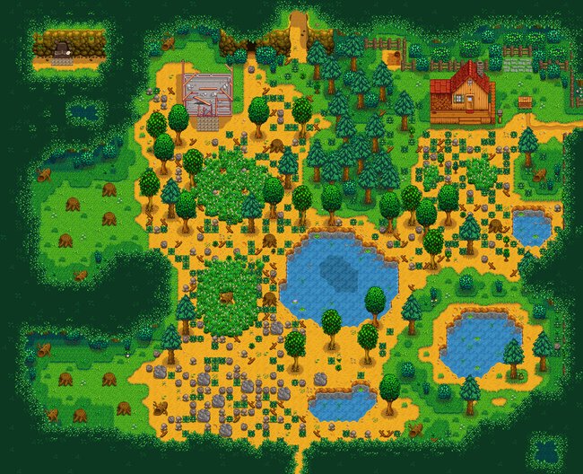 Die Karte zeigt den Waldhof aus dem Spiel Stardew Valley mit einem bewaldeten Gebiet, mehreren Teichen und Wegen aus hellem Boden. Im Zentrum befindet sich ein großer Teich, umgeben von Bäumen und Baumstümpfen. Acht besonders große Baumstümpfe sind über das Gebiet verteilt, die täglich neu erscheinen. Im oberen Bereich sind ein Haus mit rotem Dach und ein Baugerüst zu sehen. Im linken oberen Bereich befindet sich eine kleine, von Bäumen umgebene Hütte. Die Karte ist in einem pixeligen, farbigen Stil gehalten, typisch für das Spiel Stardew Valley. Die Karte zeigt den Waldhof aus dem Spiel Stardew Valley mit einem bewaldeten Gebiet, mehreren Teichen und Wegen aus hellem Boden. Im Zentrum befindet sich ein großer Teich, umgeben von Bäumen und Baumstümpfen. Acht besonders große Baumstümpfe sind über das Gebiet verteilt, die täglich neu erscheinen. Im oberen Bereich sind ein Haus mit rotem Dach und ein Baugerüst zu sehen. Im linken oberen Bereich befindet sich eine kleine, von Bäumen umgebene Hütte. Die Karte ist in einem pixeligen, farbigen Stil gehalten, typisch für das Spiel Stardew Valley.