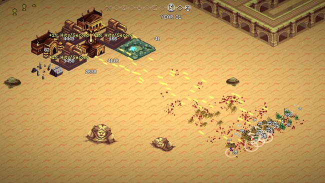 Screenshot aus 9 Kings, mit Gatling-Kanonen, die auf Angreifer feuern. Screenshot aus 9 Kings, mit Gatling-Kanonen, die auf Angreifer feuern.