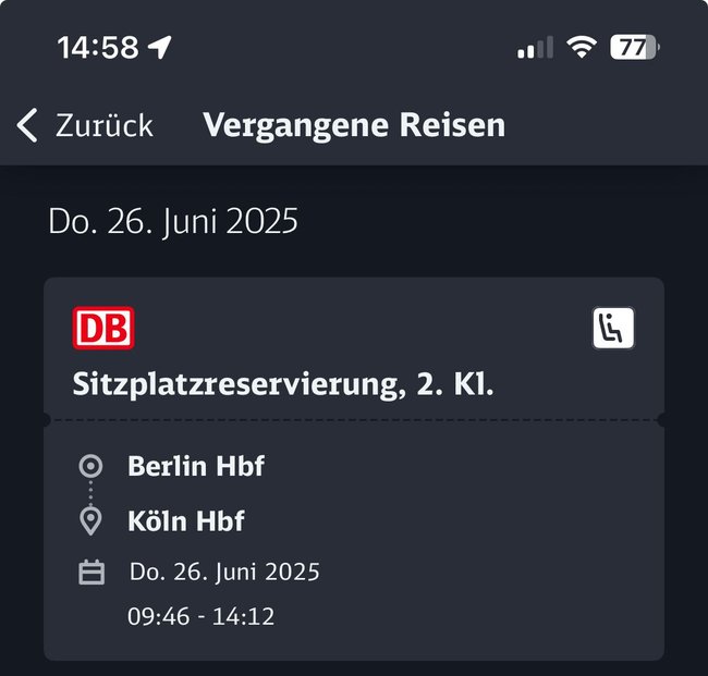 Eine nachträglich erworbene Sitzplatzreservierung im DB Navigator. Eine nachträglich erworbene Sitzplatzreservierung im DB Navigator.
