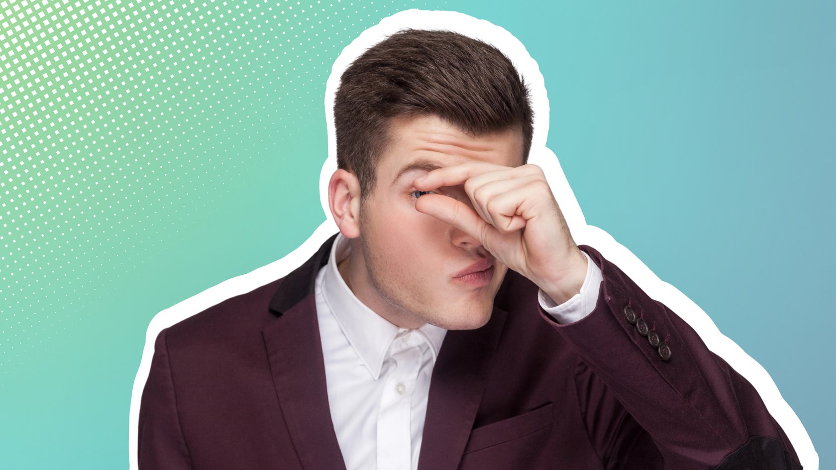 Mann im bordeauxvioletten Anzug hält Daumen und Zeigefinger der linken Hand in einer "Winzig"-Geste vor das linke Auge, mit dem er durch die Finger durchlukt. Mann im bordeauxvioletten Anzug hält Daumen und Zeigefinger der linken Hand in einer "Winzig"-Geste vor das linke Auge, mit dem er durch die Finger durchlukt.