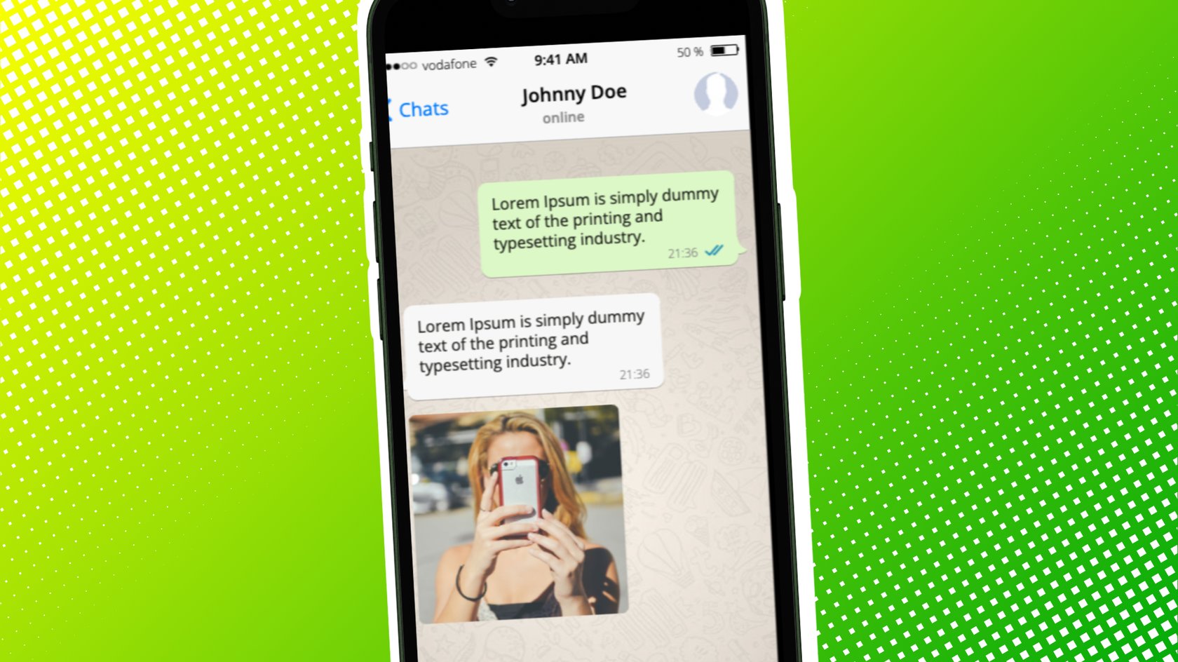 Generierter WhatsApp-Chat von Fakewhats.com auf einem Smartphone. Generierter WhatsApp-Chat von Fakewhats.com auf einem Smartphone.