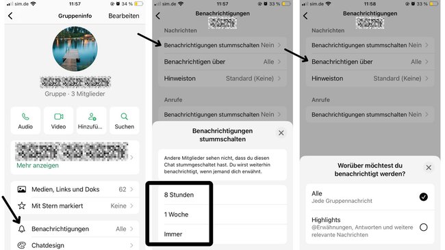 WhatsApp Screenshot vom Menü zum stummschalten von Gruppenbenachrichtigungen. WhatsApp Screenshot vom Menü zum stummschalten von Gruppenbenachrichtigungen.
