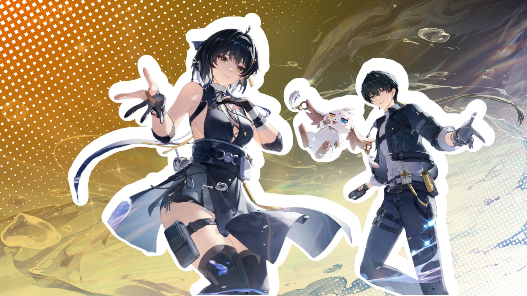 Illustration im Anime-Stil mit zwei Charakteren aus dem Spiel "Wuthering Waves": links eine junge Frau mit kurzem schwarzem Haar in einem schwarzen, offenen Outfit mit Gürtel, Handschuhen und Oberschenkelgurten; rechts ein junger Mann in dunkler Kleidung mit Handschuhen und Ausrüstung am Gürtel. Zwischen ihnen schwebt ein kleines, fliegendes, weiss-braunes, katzenähnliches Wesen mit grossen Ohren. Der Hintergrund ist dynamisch gestaltet mit Farbverläufen in Orange, Grün und Blau sowie abstrakten Mustern. Illustration im Anime-Stil mit zwei Charakteren aus dem Spiel "Wuthering Waves": links eine junge Frau mit kurzem schwarzem Haar in einem schwarzen, offenen Outfit mit Gürtel, Handschuhen und Oberschenkelgurten; rechts ein junger Mann in dunkler Kleidung mit Handschuhen und Ausrüstung am Gürtel. Zwischen ihnen schwebt ein kleines, fliegendes, weiss-braunes, katzenähnliches Wesen mit grossen Ohren. Der Hintergrund ist dynamisch gestaltet mit Farbverläufen in Orange, Grün und Blau sowie abstrakten Mustern.