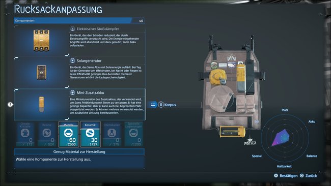 Rucksack-Menü und Überblick über die Arten der Verbesserungen in Death Stranding 2 Rucksack-Menü und Überblick über die Arten der Verbesserungen in Death Stranding 2