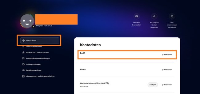 Das Bild zeigt das Menü vom EA-Konto. Das Bild zeigt das Menü vom EA-Konto.