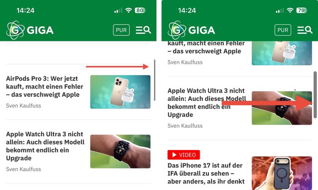 Am dickeren Balken ist der Schnell-Scrollmodus auf dem iPhone zu erkennen. Am dickeren Balken ist der Schnell-Scrollmodus auf dem iPhone zu erkennen.