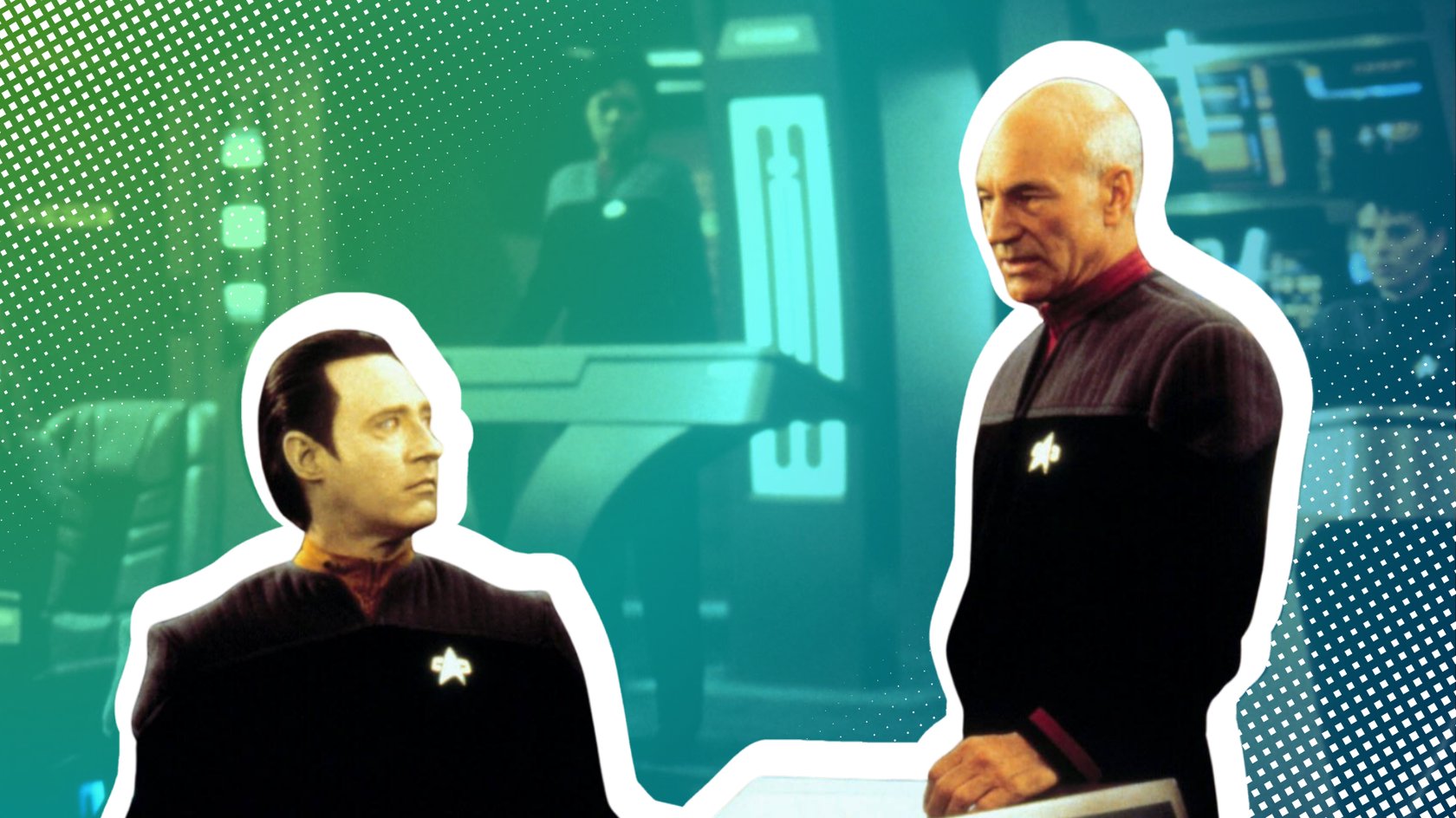 Das Bild zeigt eine Szene aus Star Trek. Im Vordergrund befinden sich die Figuren Picard und Data. Das Bild zeigt eine Szene aus Star Trek. Im Vordergrund befinden sich die Figuren Picard und Data.