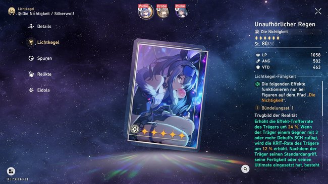 Silberwolfs bester Lichtkegel ist der für sie persönlich zugeschnittene Lichtkegel Unaufhörlicher Regen aus dem Lichtkegel-Aktionsbanner. Silberwolfs bester Lichtkegel ist der für sie persönlich zugeschnittene Lichtkegel Unaufhörlicher Regen aus dem Lichtkegel-Aktionsbanner.