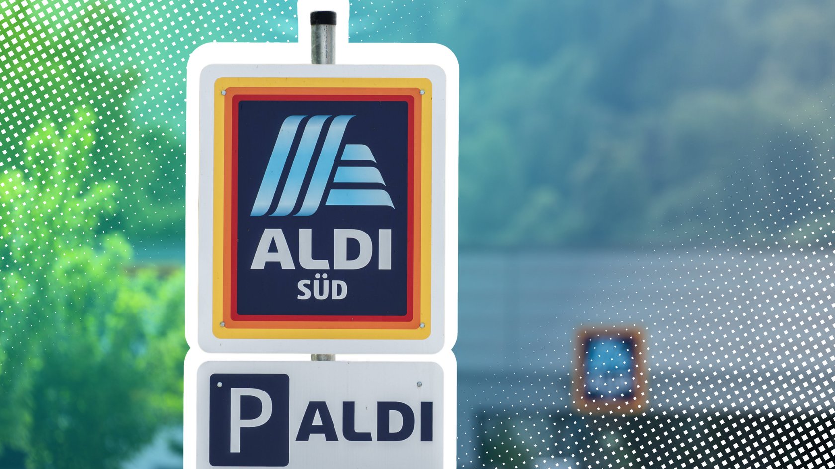 Aldi-Süd-Schild vor einer Aldi-Filiale. Aldi-Süd-Schild vor einer Aldi-Filiale.