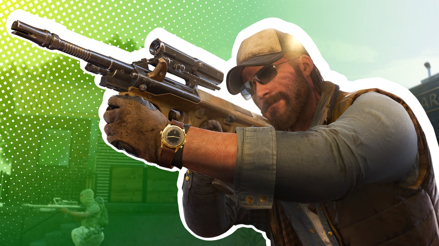 Mann mit Schirmkappe, Sonnenbrille und Gewehr in der Hand aus dem Spiel Call of Duty: Black Ops 6 Mann mit Schirmkappe, Sonnenbrille und Gewehr in der Hand aus dem Spiel Call of Duty: Black Ops 6