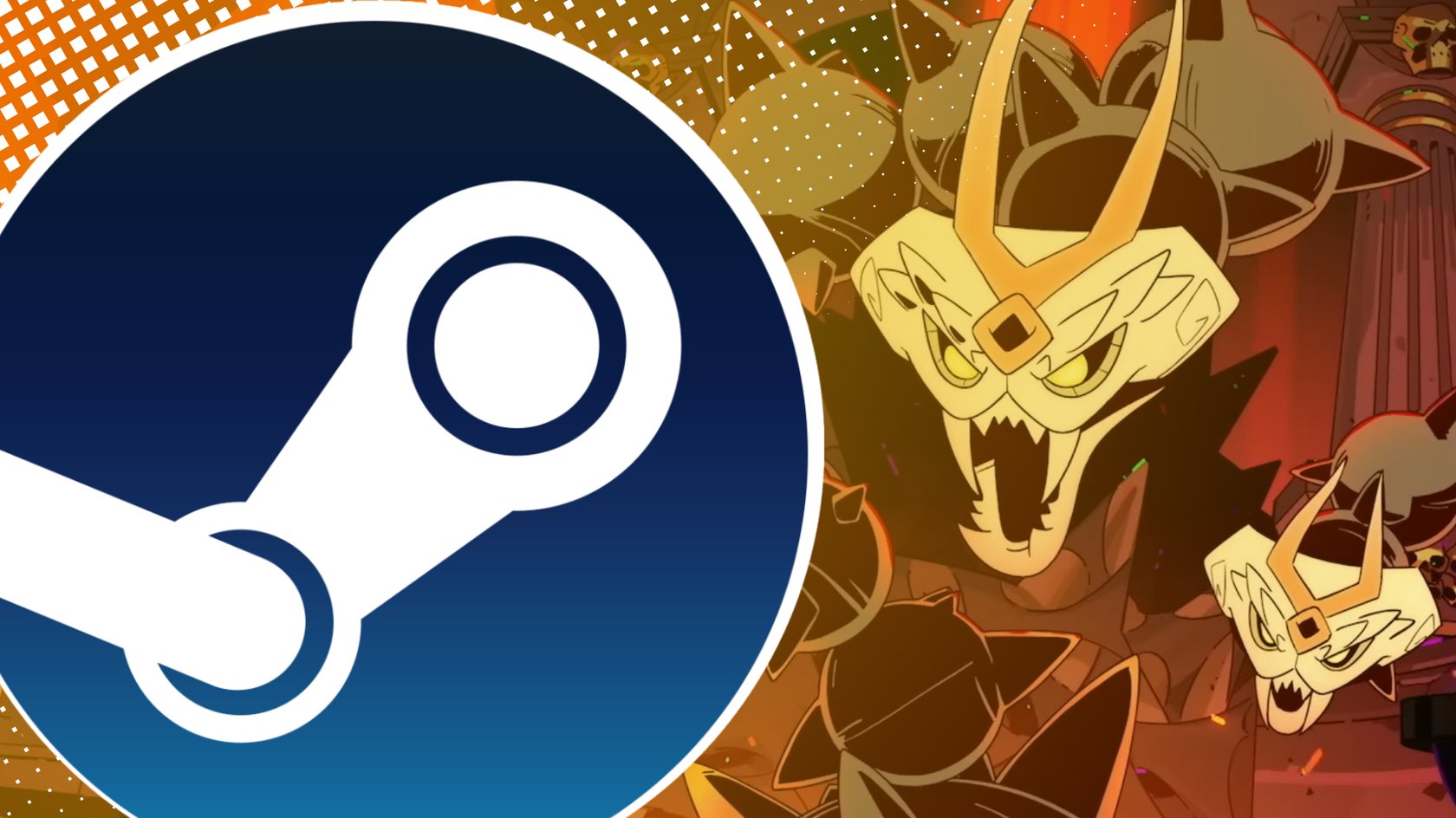 Hydra aus dem Spiel Hades, im Vordergrund das Steam-Logo Hydra aus dem Spiel Hades, im Vordergrund das Steam-Logo