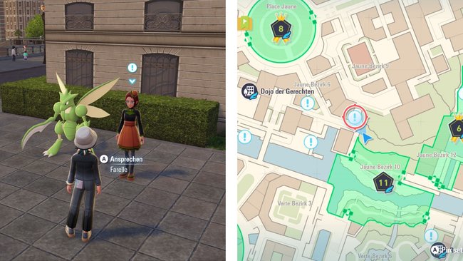 Farelle und ihr Sichlor neben der Fundorte-Markierung des Coiffwaff-Salons. Farelle und ihr Sichlor neben der Fundorte-Markierung des Coiffwaff-Salons.