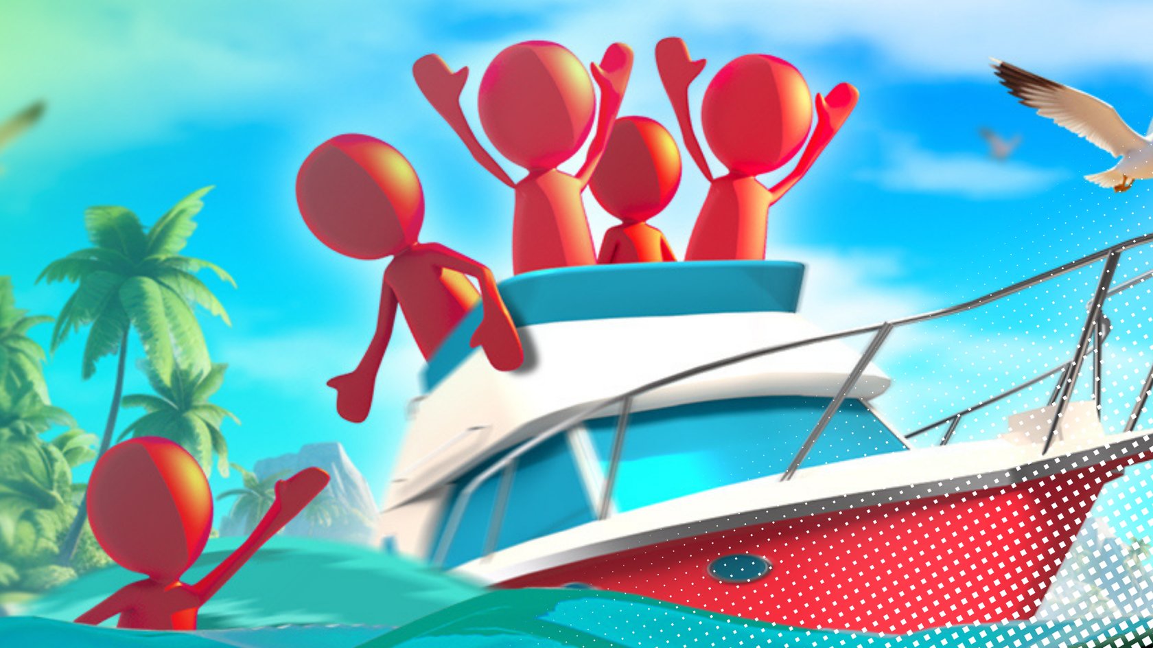 Ship Out Spielgrafik mit stilisierten Figuren auf Boot im tropischen Meer. Ship Out Spielgrafik mit stilisierten Figuren auf Boot im tropischen Meer.