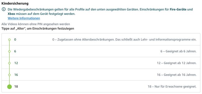 Das Bild zeigt die Einstellungen der Kindersicherung für Videowiedergabe, bei der eine Altersfreigabe festgelegt werden kann. Um die PIN zu deaktivieren oder alle Einschränkungen aufzuheben, muss das Alters-Level auf "18 – Nur für Erwachsene geeignet" eingestellt werden. Dadurch können alle Videos ohne PIN angesehen werden. Das Bild zeigt die Einstellungen der Kindersicherung für Videowiedergabe, bei der eine Altersfreigabe festgelegt werden kann. Um die PIN zu deaktivieren oder alle Einschränkungen aufzuheben, muss das Alters-Level auf "18 – Nur für Erwachsene geeignet" eingestellt werden. Dadurch können alle Videos ohne PIN angesehen werden.